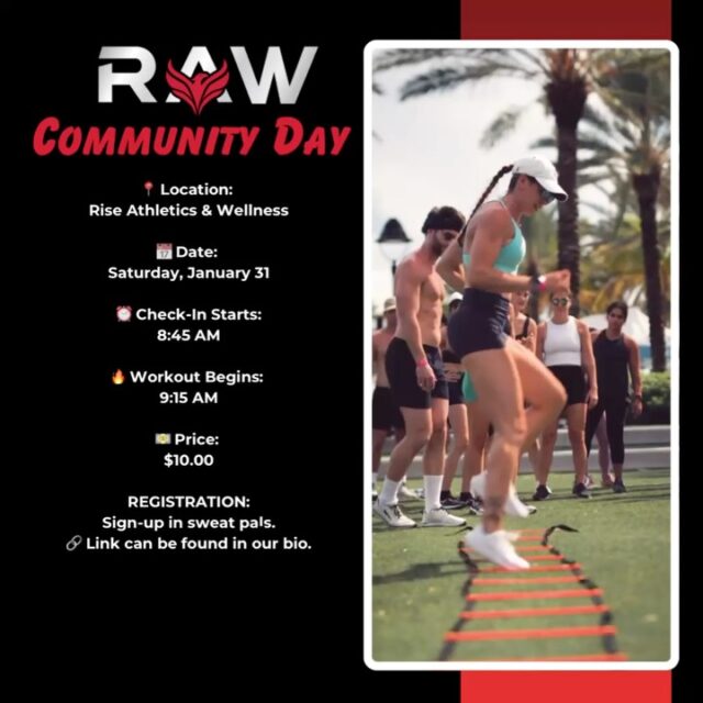 🔥 RAW COMMUNITY DAY 🔥
Get ready to sweat, vibe, and connect.

📍 Rise Athletics & Wellness
🗓 Saturday, January 31
⏰ Check-in: 8:45 AM | Workout: 9:15 AM
💲 $10 drop-in

This isn’t just a workout — it’s a 1-hour HYROX-style TEAM sweat designed for ALL levels, powered by a live DJ to keep the energy high from start to finish 💪🎧

Stick around after the sweat for:
🎟️ Raffles (prizes revealed day of 👀)
🍻 Recovery Pong Tournament — winning teammates get 50% OFF one month at Rise
🤝 Mix, mingle, and connect with the RAW community

✨ Come for the workout. Stay for the vibes.
👯 Bring a friend — everyone’s welcome.

👉 Spots are limited — sign up through SweatPals
🔗 Link in bio

#fitnesscommunity #sweat #hyroxtraining #groupfitness #fitness